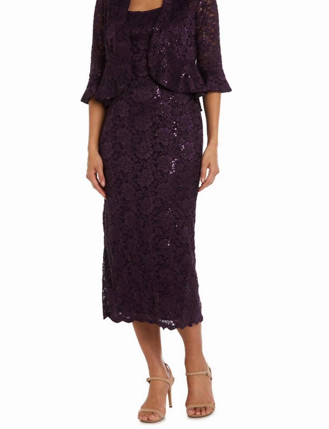 2-Piece Lace Jacket & Dress Set In Plum