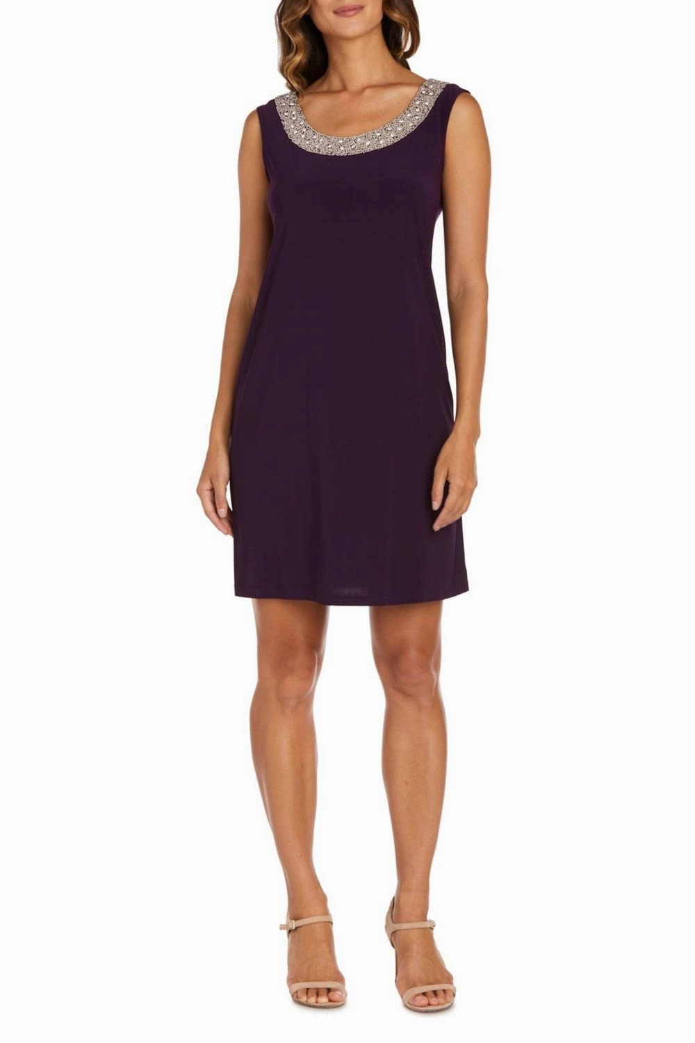 3/4 Sleeve Embellished Jacket & Dress Set In Plum