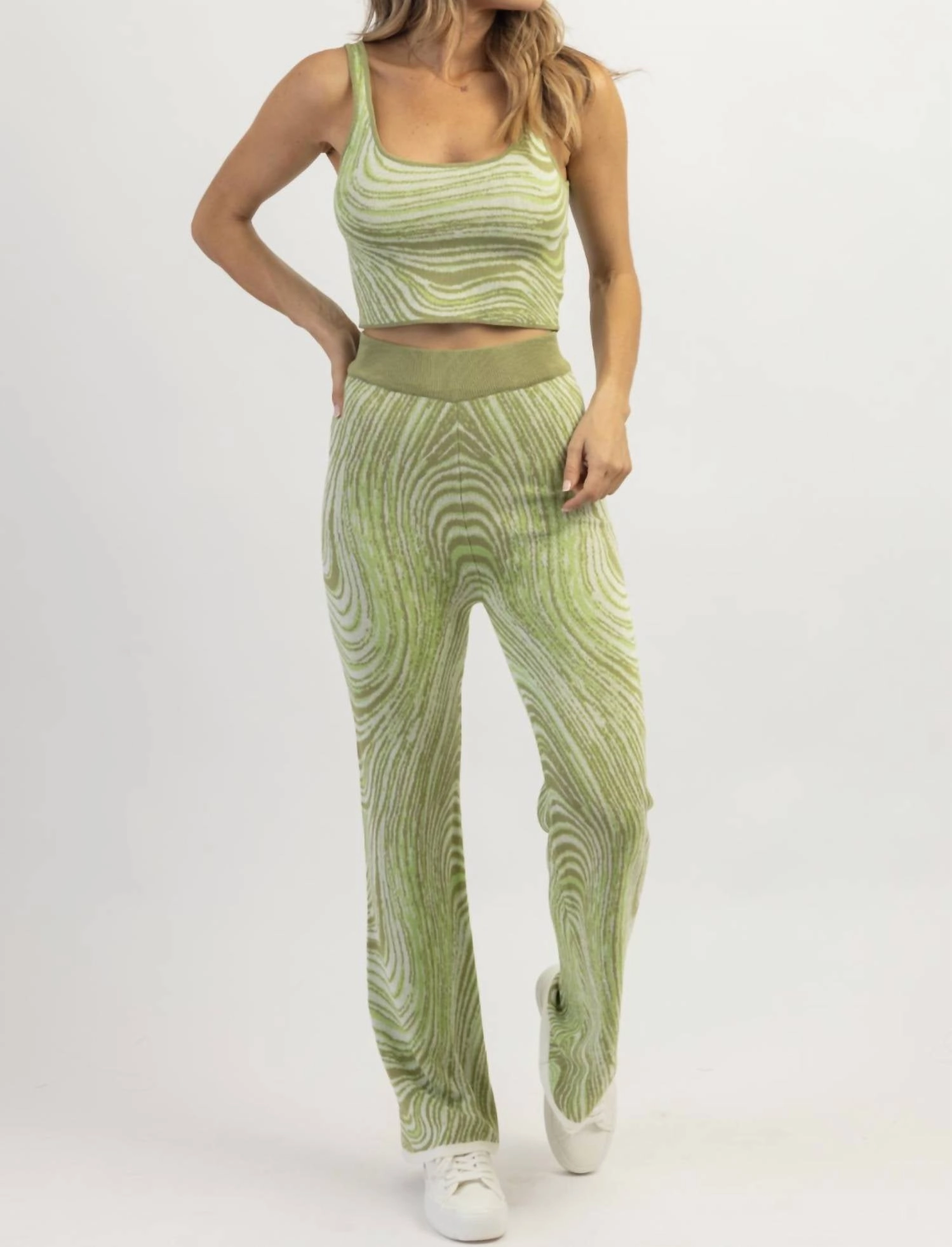 Abstract Print Knit Pant Set In Green