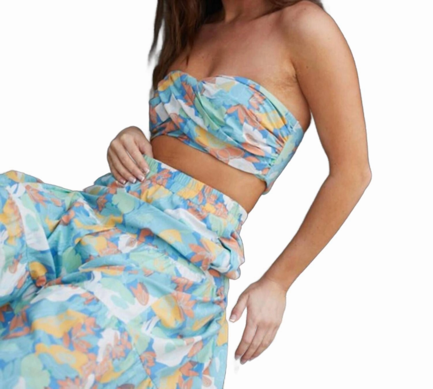 Alyssa Floral Twisted Tube Top Midi Skirt Set In Blue/ Green/ Yellow