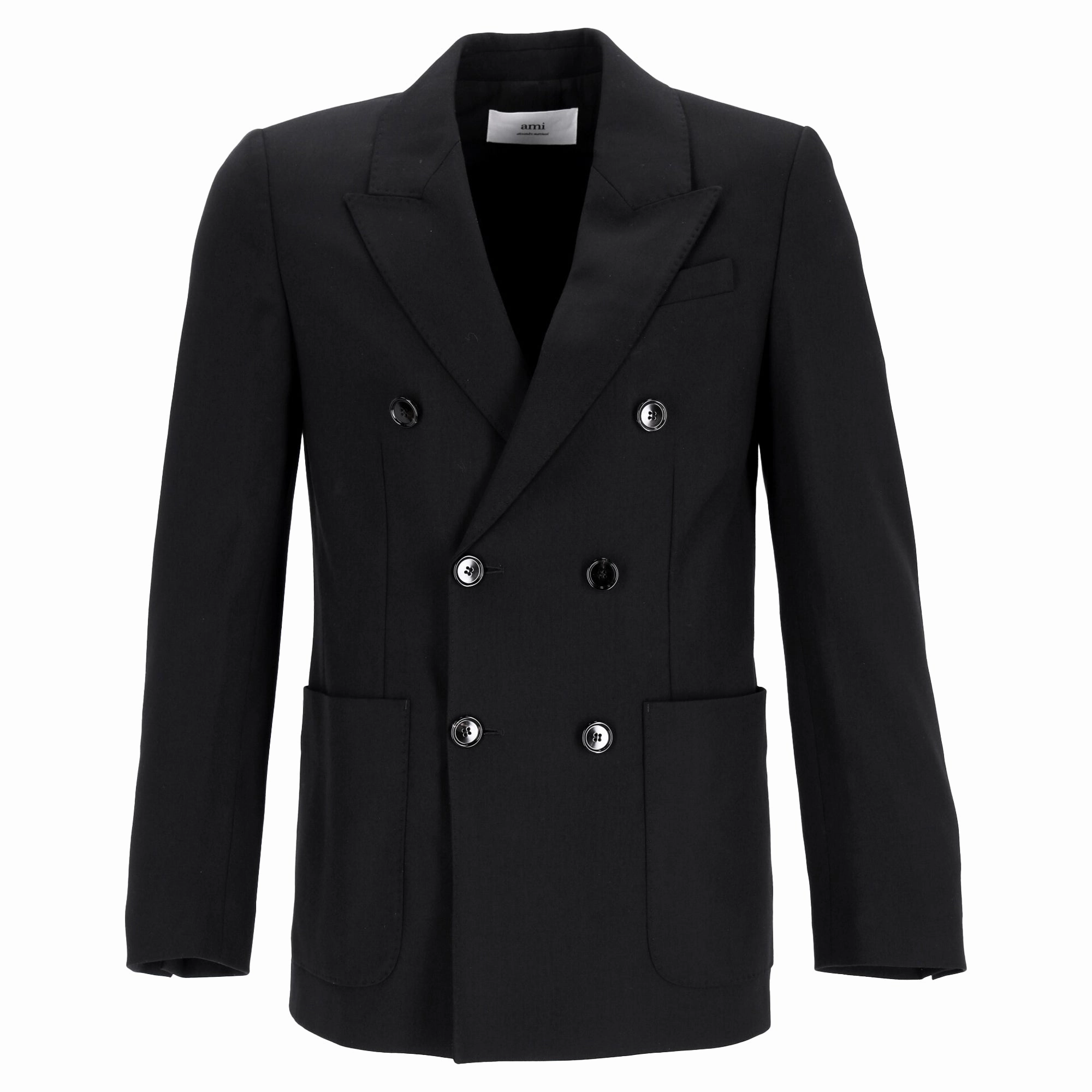 Ami Double-Breasted Blazer with Pockets in Black Wool