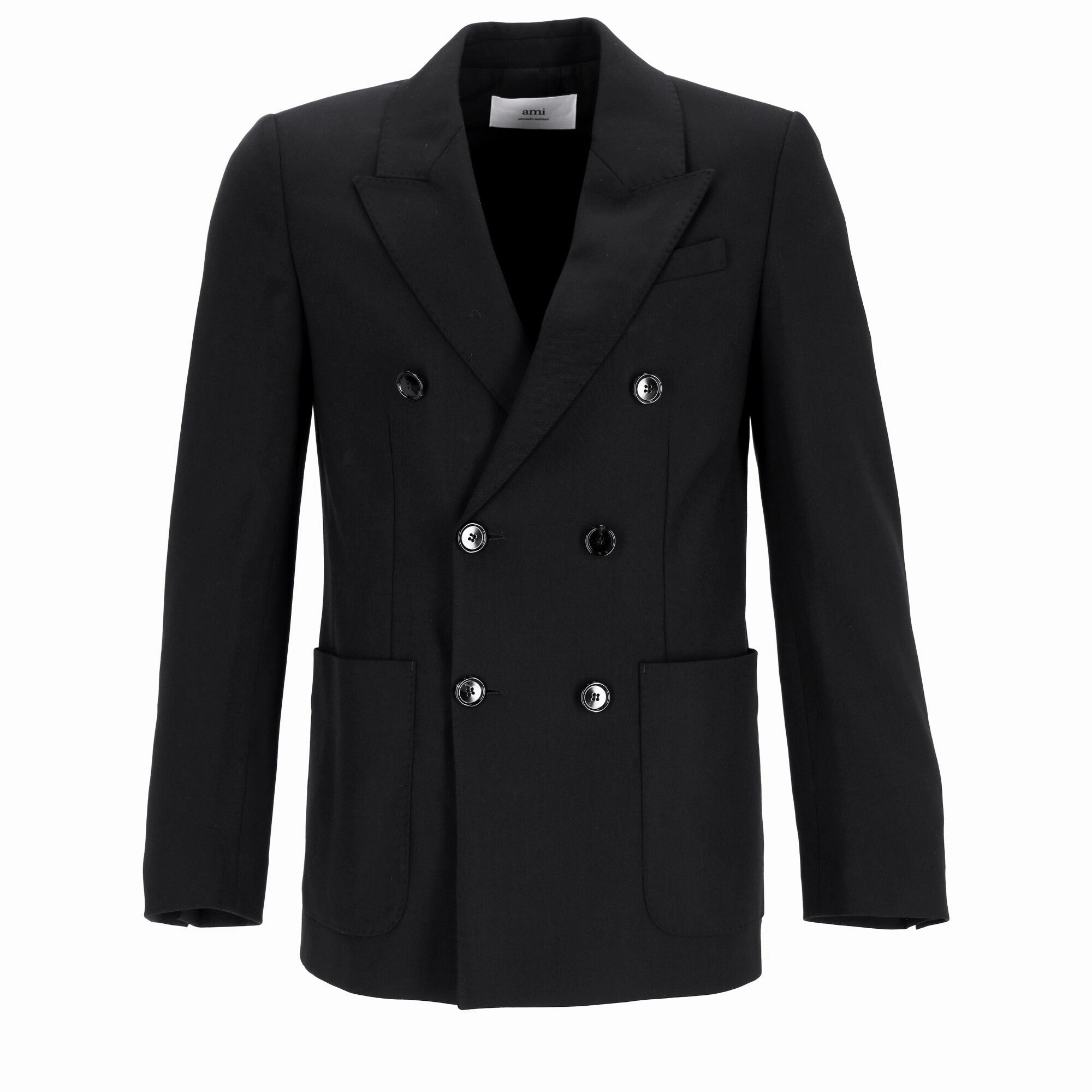 Ami Double-Breasted Blazer with Pockets in Black Wool