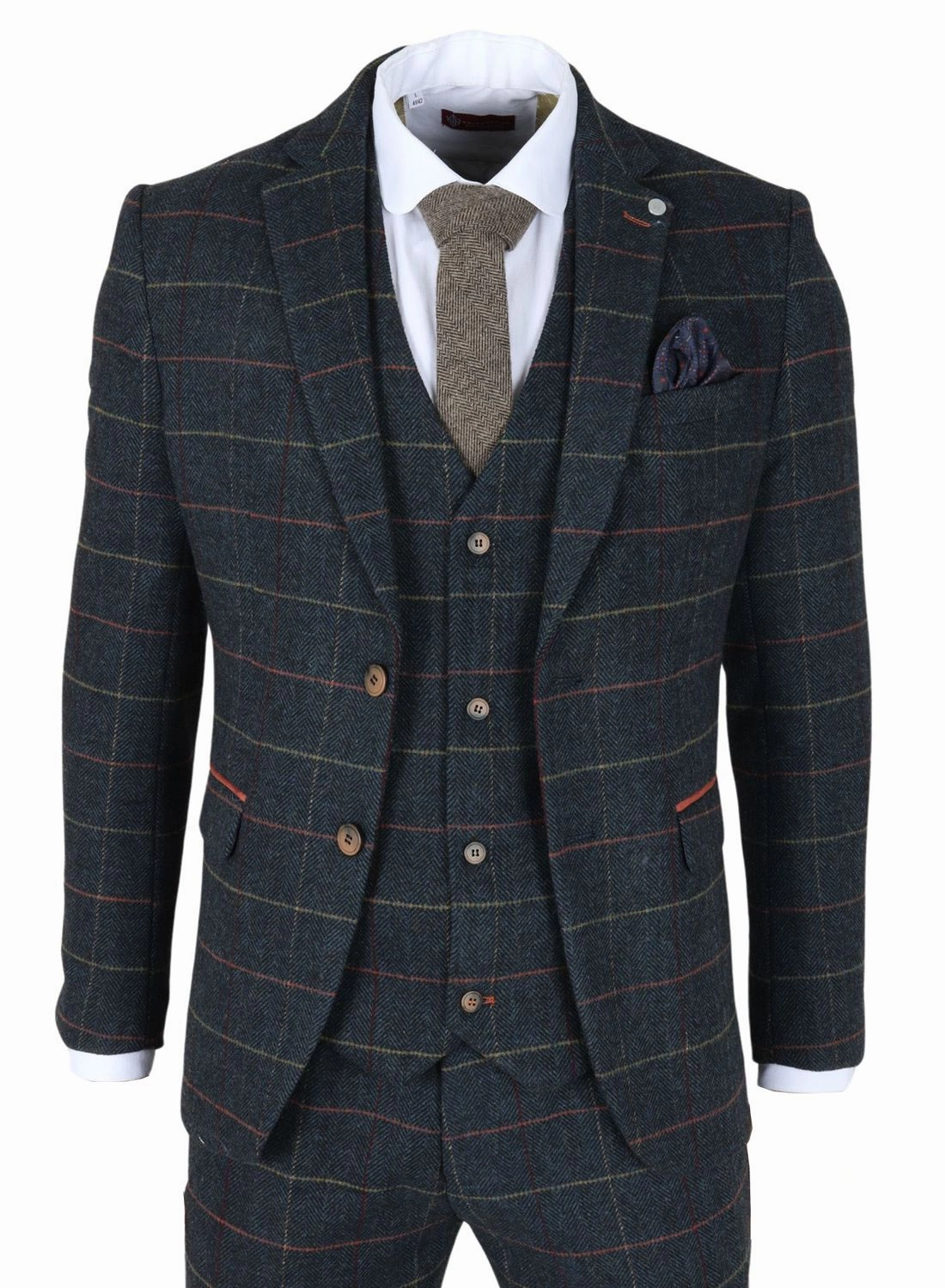 Archer 3 Piece Checked Herringbone Tweed Tailored Fit Formal Suit