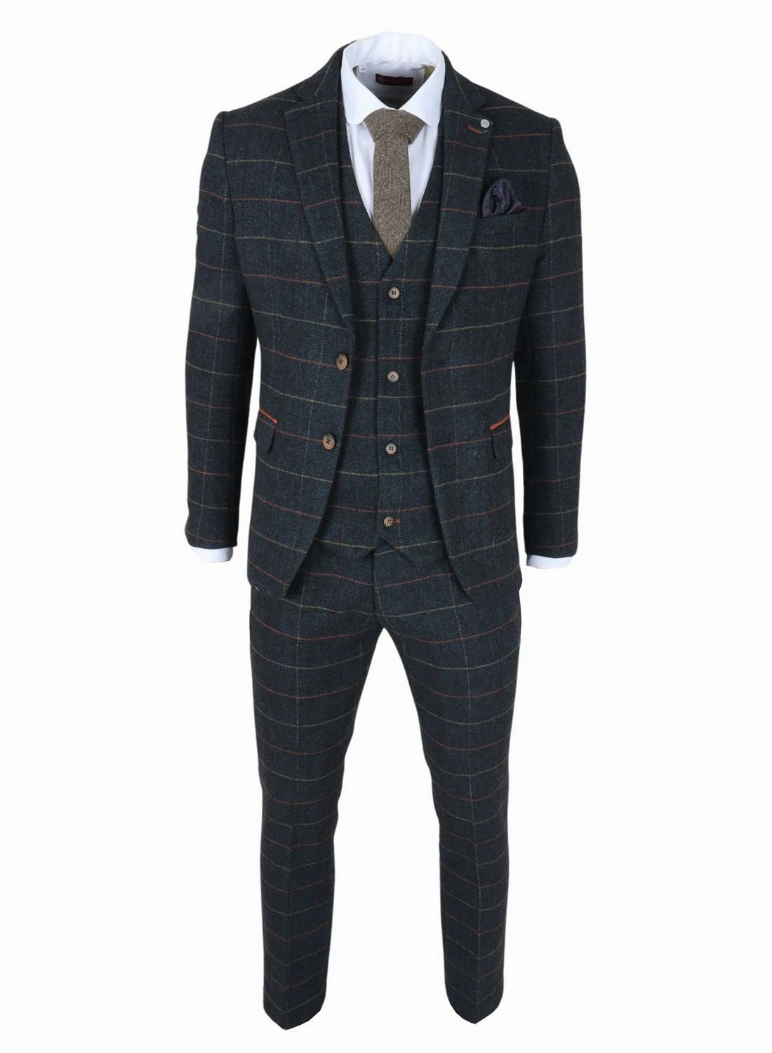 Archer 3 Piece Checked Herringbone Tweed Tailored Fit Formal Suit