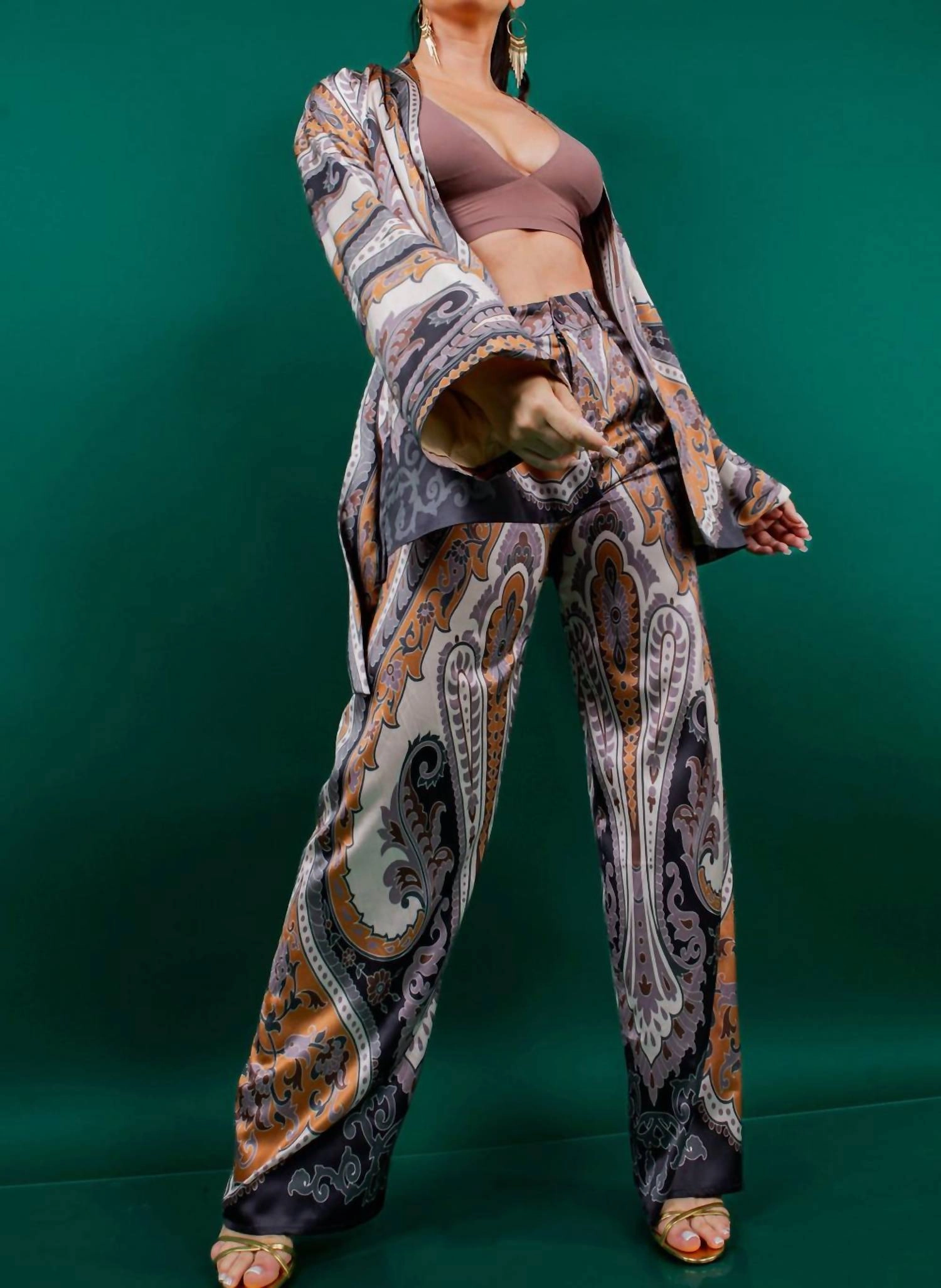 Autumn Kimona Pants Set In Mustard Brown