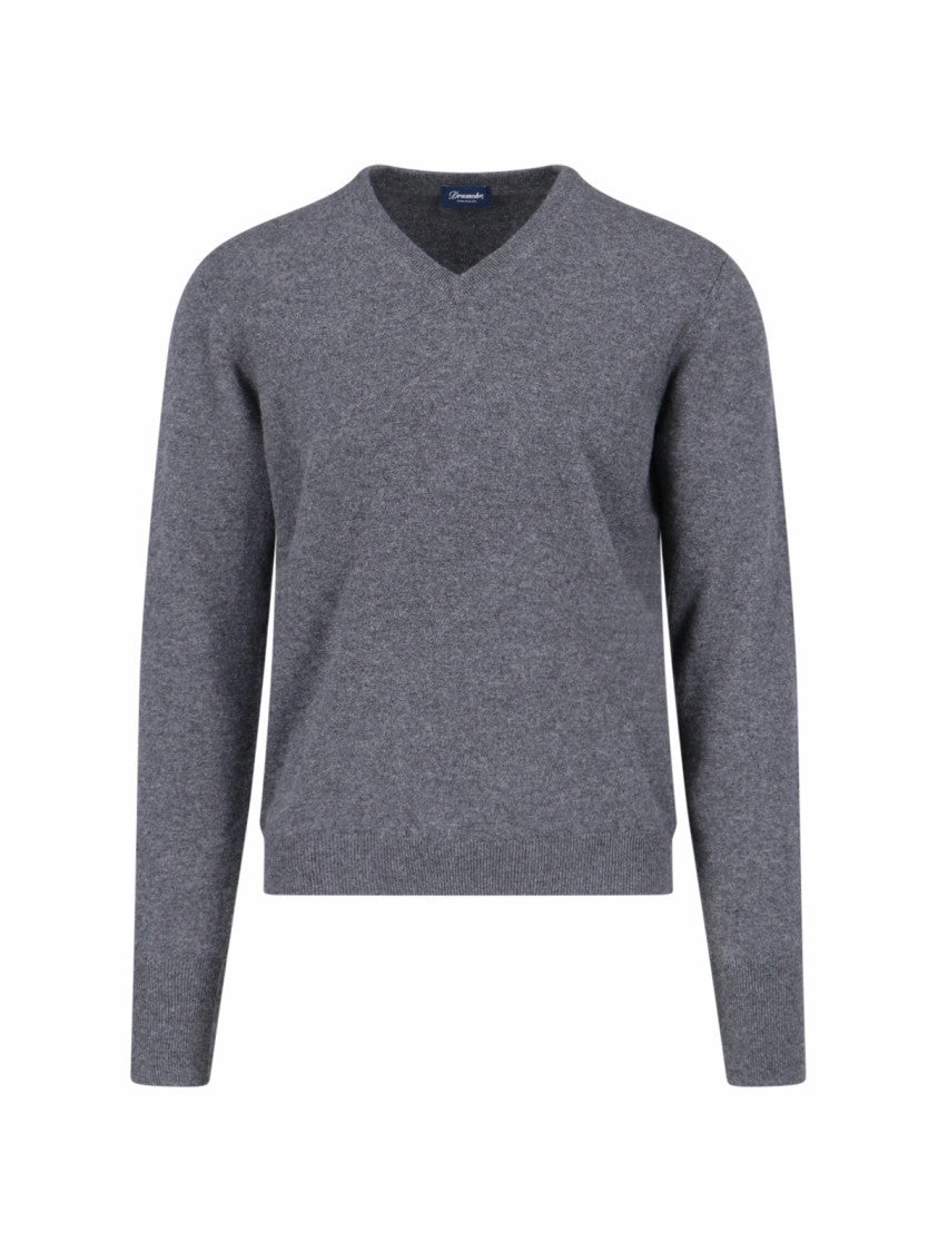 Basic Sweater In Grey Melange Cashmere V-Neck