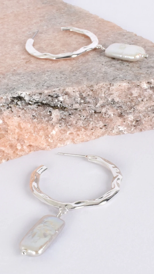 Beaten Metal Pearl Drop Hoops - Silver/Cream