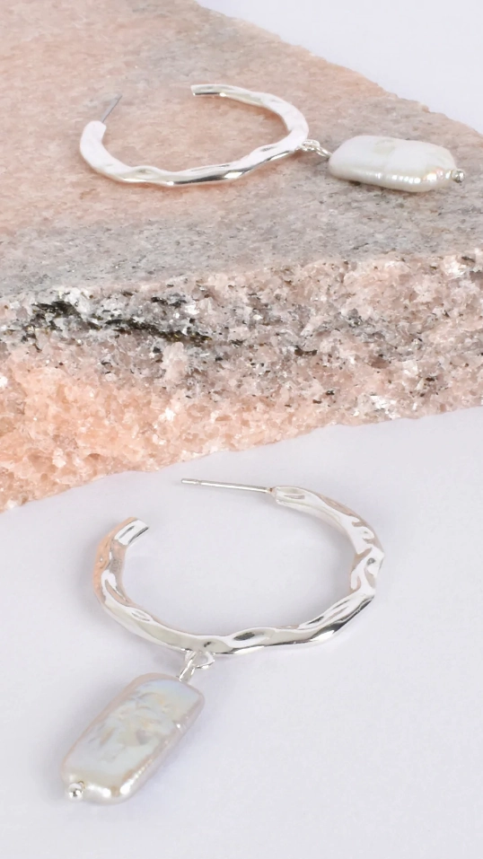 Beaten Metal Pearl Drop Hoops - Silver/Cream