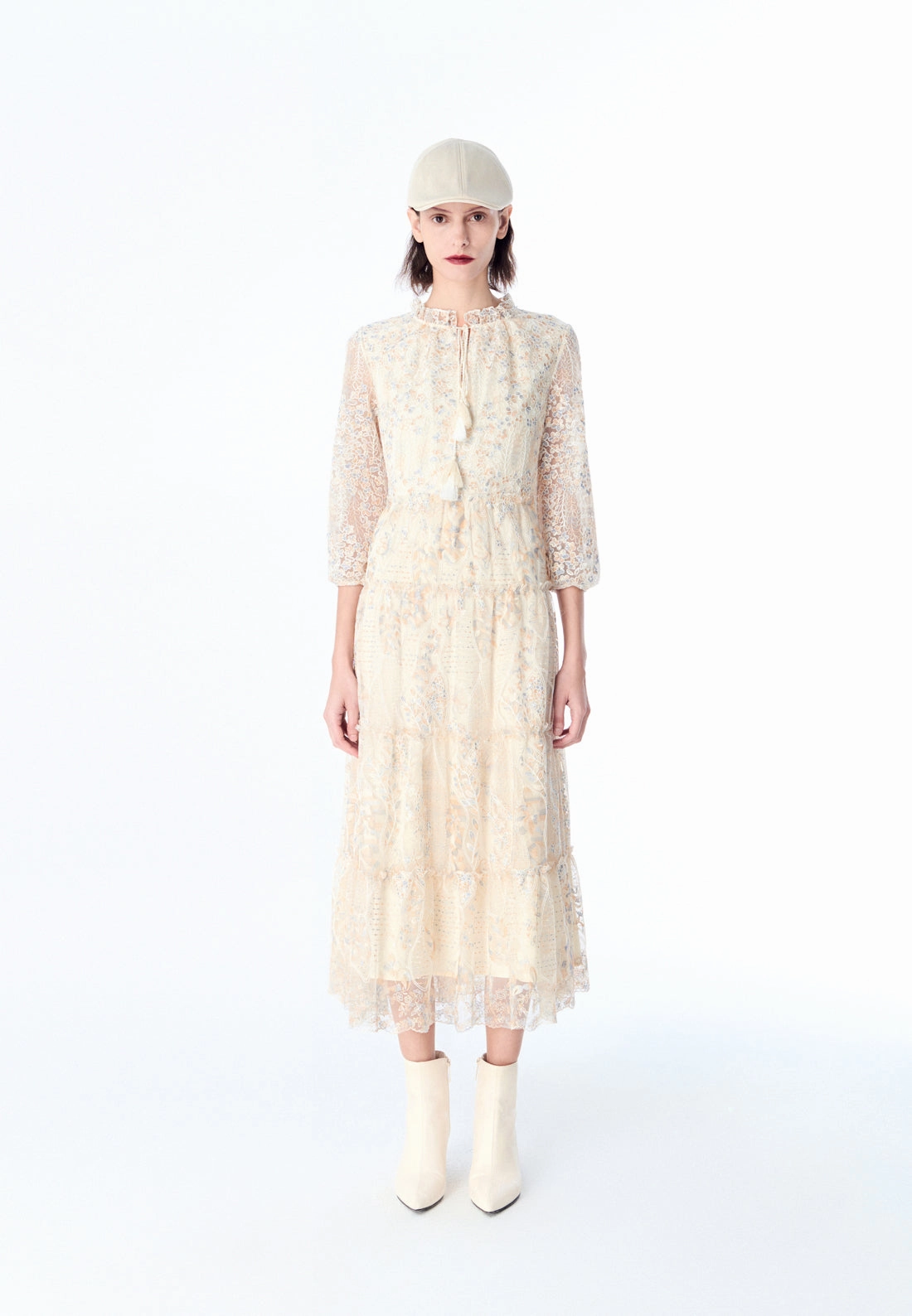 Beige Embroidered Lacy Maxi Dress
