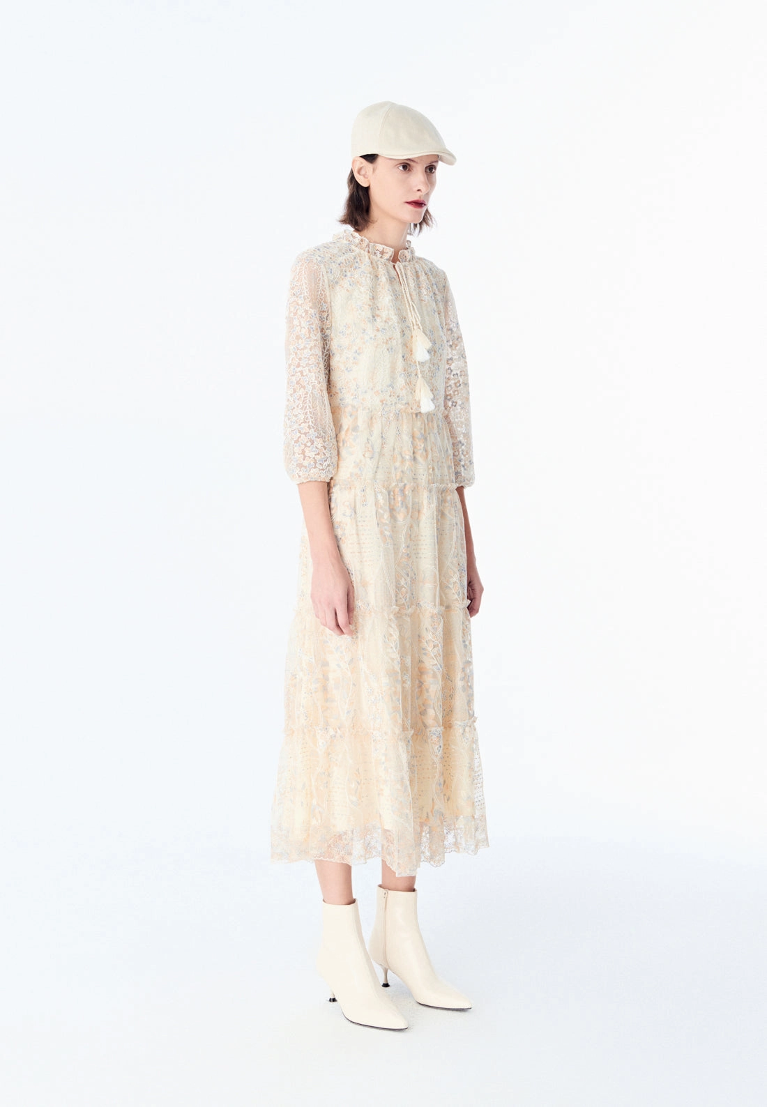Beige Embroidered Lacy Maxi Dress