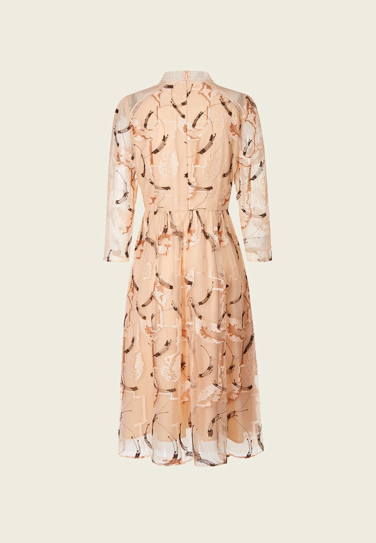 Beige Embroidered Long-sleeved Cocktail Dress