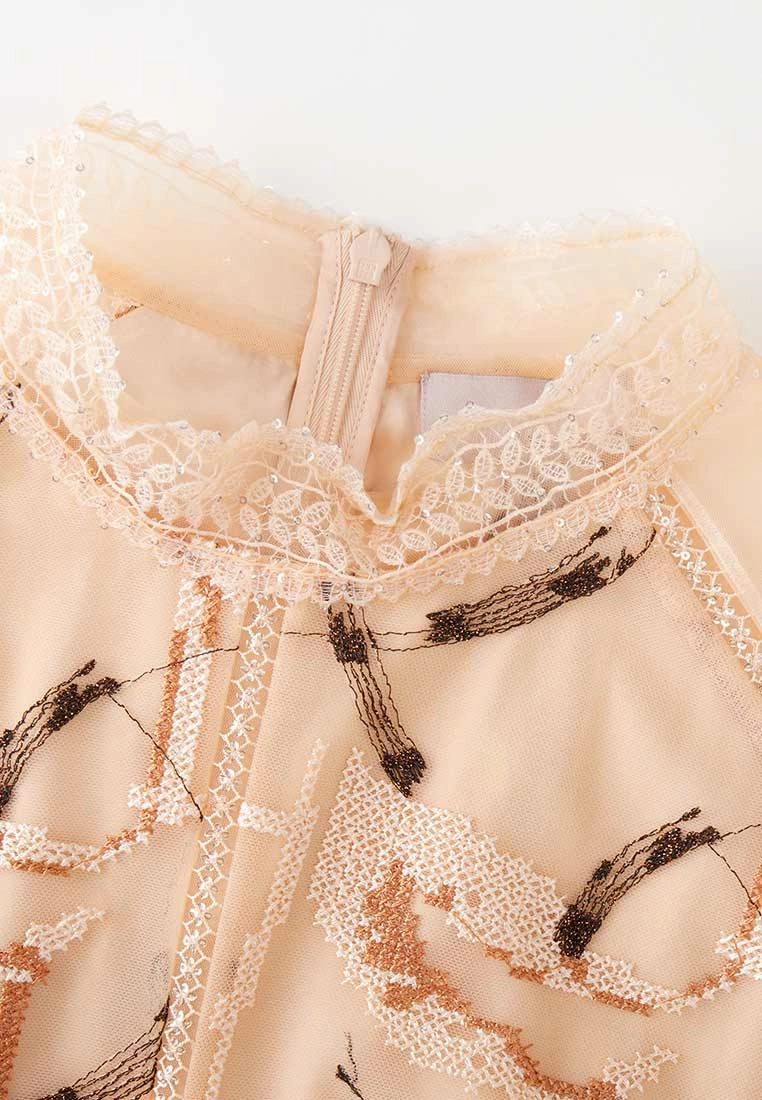 Beige Embroidered Long-sleeved Cocktail Dress