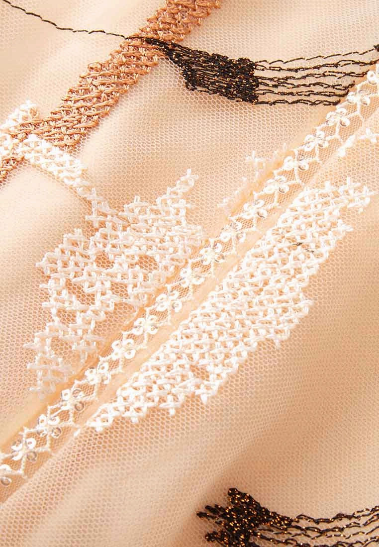 Beige Embroidered Long-sleeved Cocktail Dress