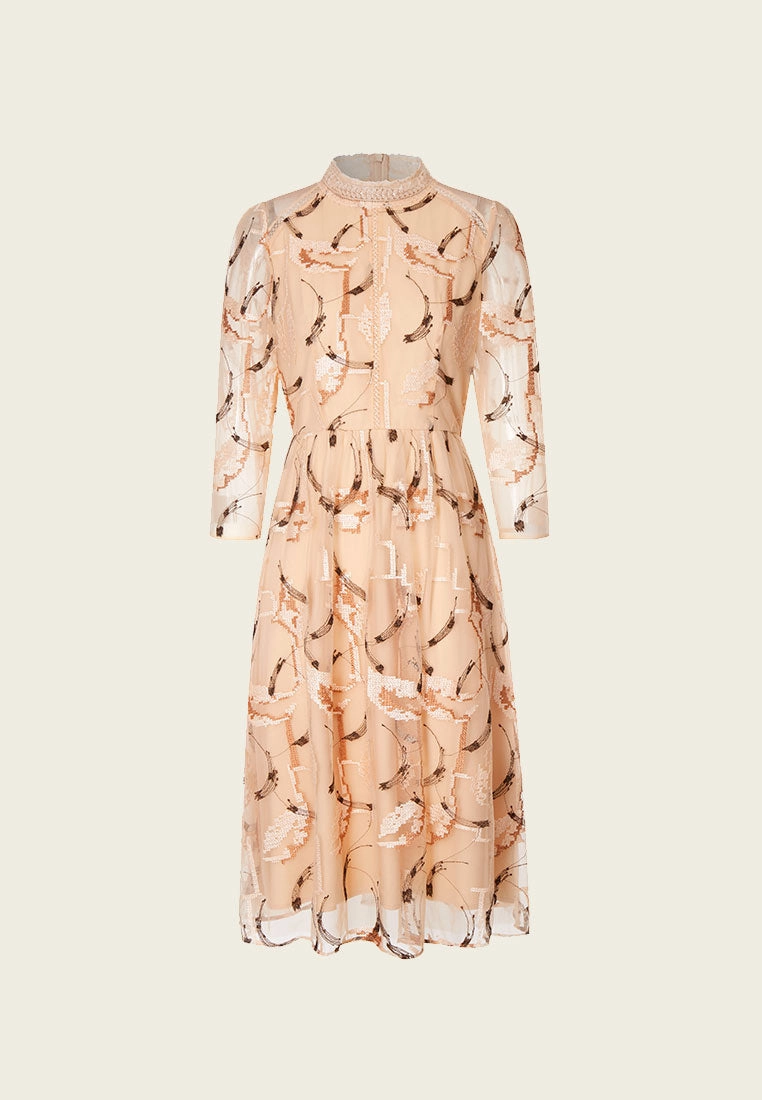 Beige Embroidered Long-sleeved Cocktail Dress