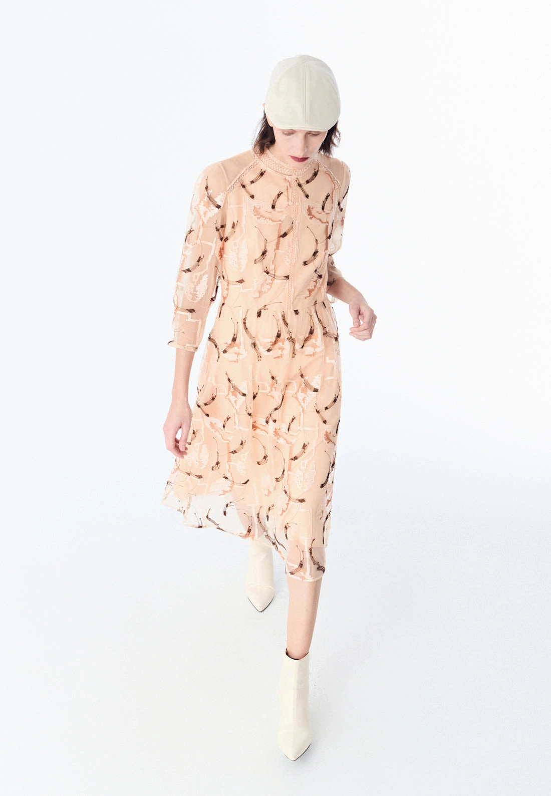 Beige Embroidered Long-sleeved Cocktail Dress