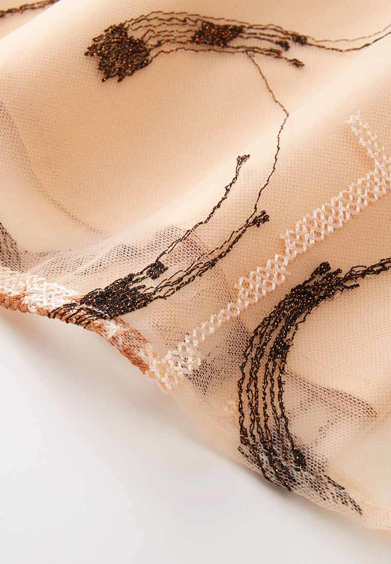 Beige Embroidered Long-sleeved Cocktail Dress