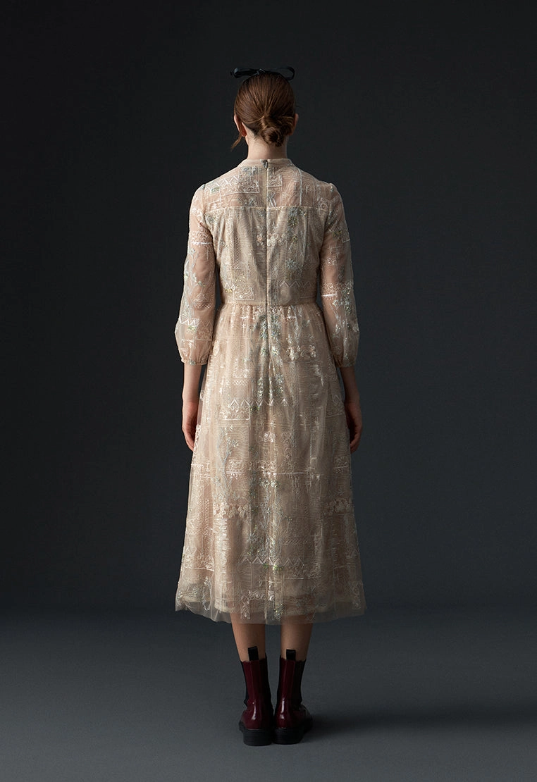 Beige Embroidered Sequin-detailing Mesh Dinner Dress
