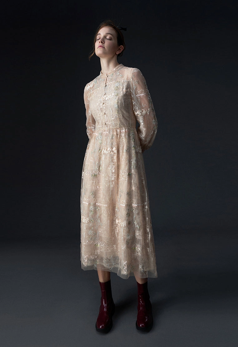 Beige Embroidered Sequin-detailing Mesh Dinner Dress