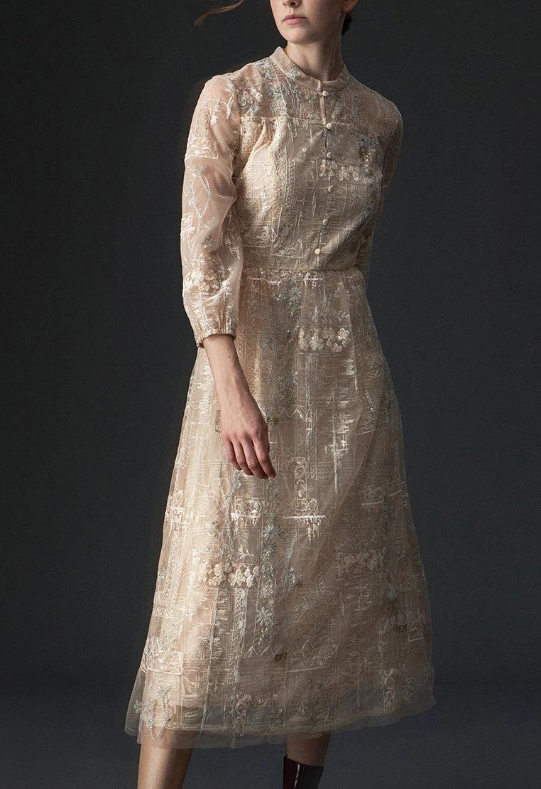 Beige Embroidered Sequin-detailing Mesh Dinner Dress