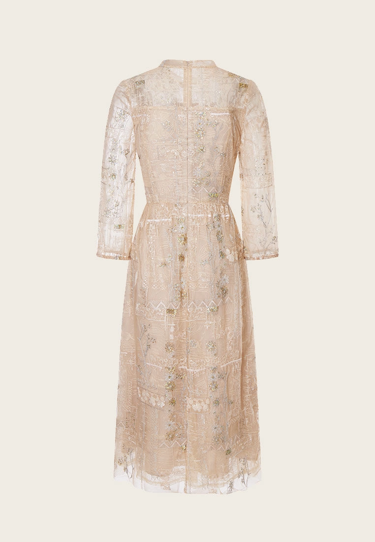 Beige Embroidered Sequin-detailing Mesh Dinner Dress