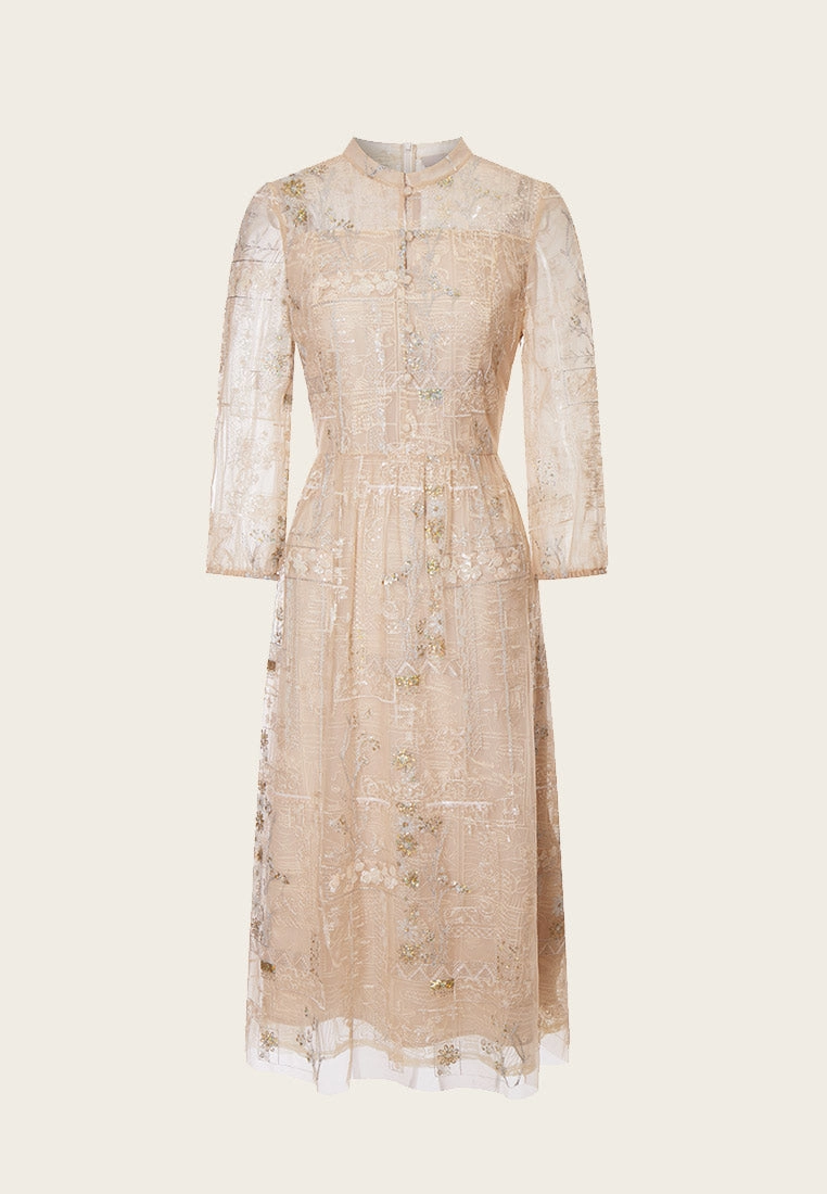 Beige Embroidered Sequin-detailing Mesh Dinner Dress