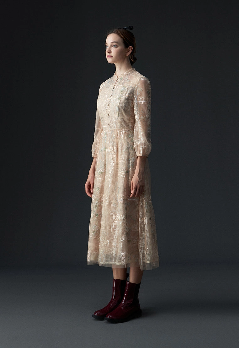 Beige Embroidered Sequin-detailing Mesh Dinner Dress