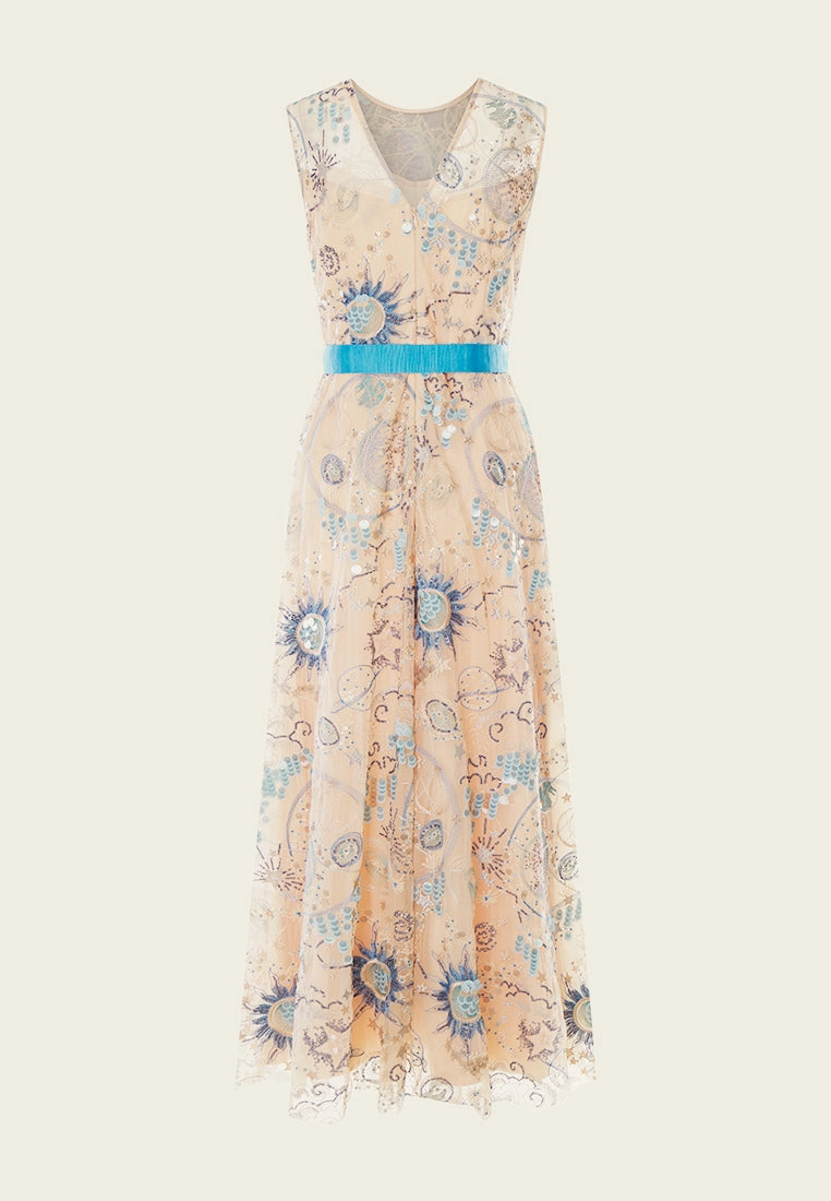 Beige Embroidered Sleeveless with Blue Ribbon Dress