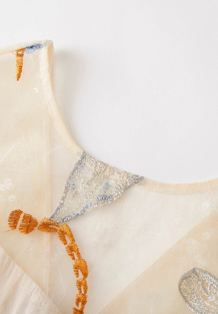 Beige Floral Sleeveless with Blue Ribbon Dress