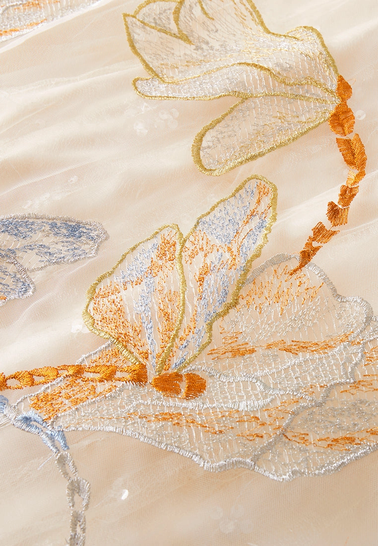 Beige Floral Sleeveless with Blue Ribbon Dress