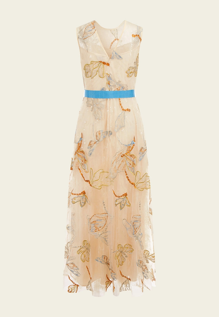 Beige Floral Sleeveless with Blue Ribbon Dress