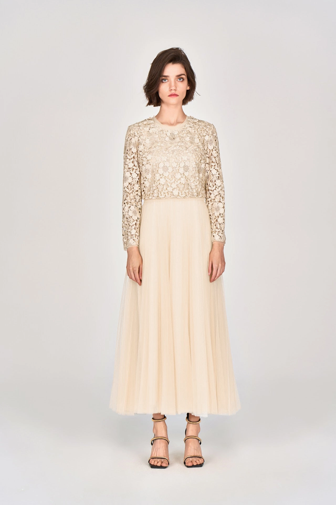 Beige Lace & Mesh Two-pieces Gown