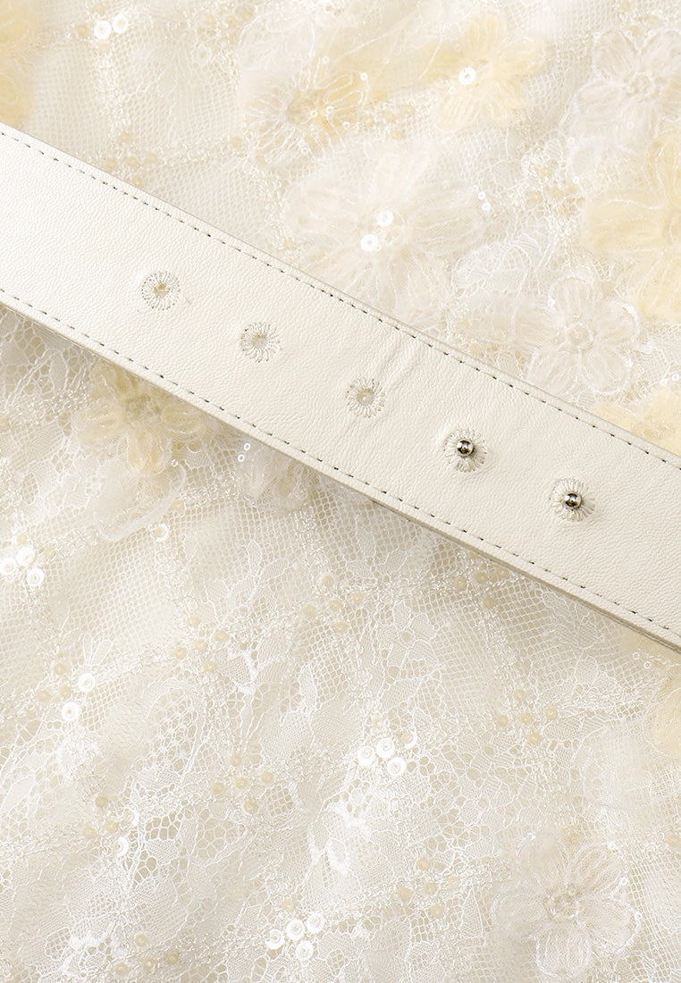 Beige Lace Evening Dress with Belt