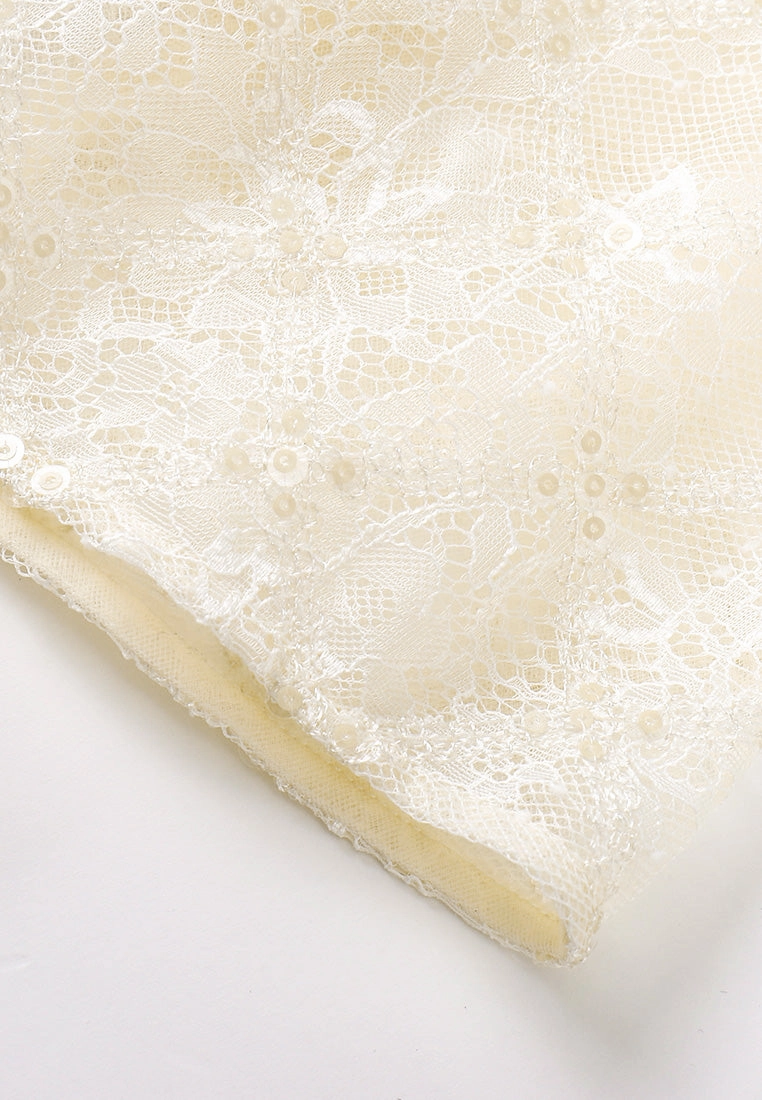 Beige Lace Evening Dress with Belt