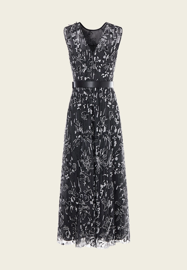 Black Floral Mesh Sleeveless Dress with Belt