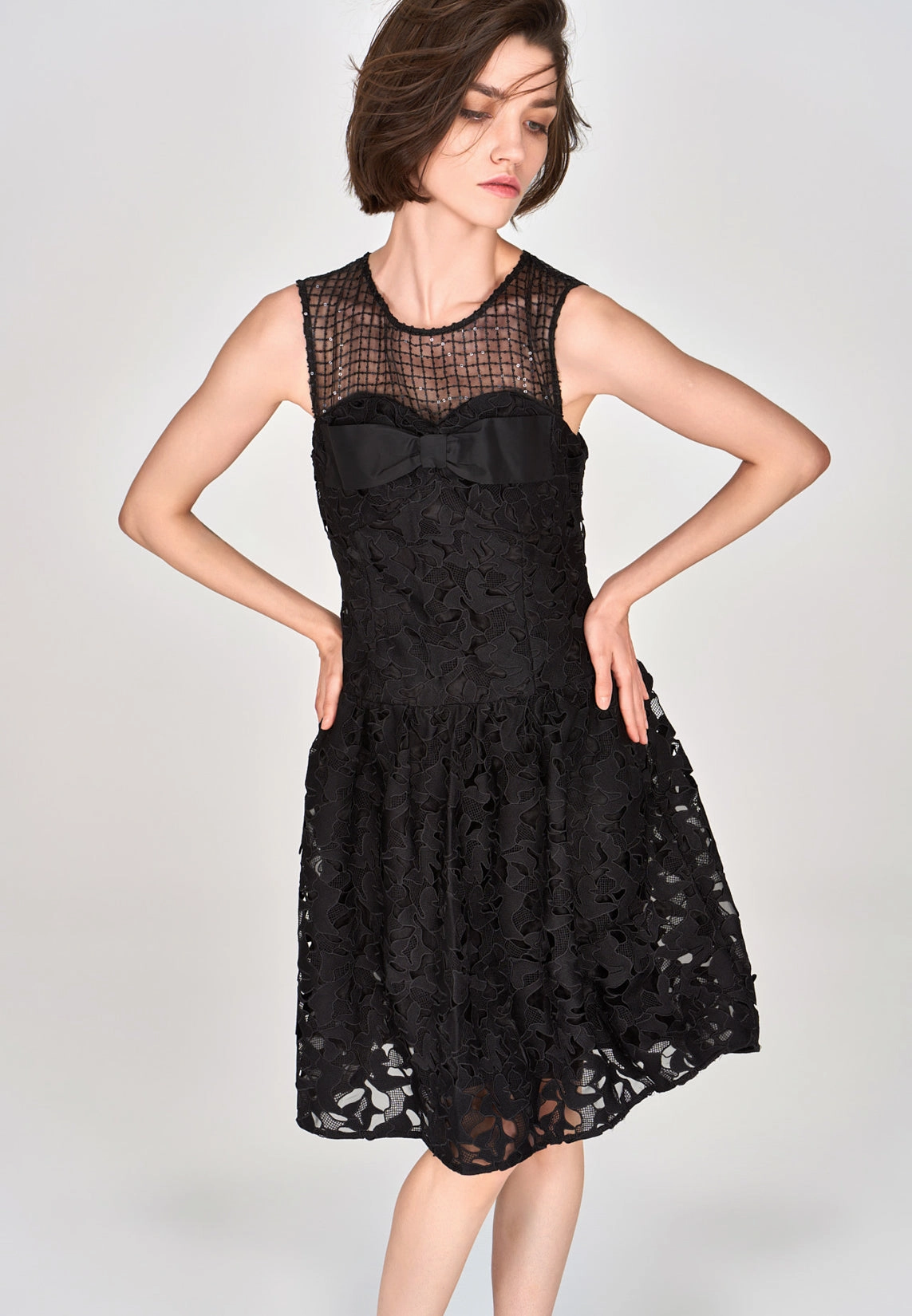 Black Lace Sleeveless Dress with Bow