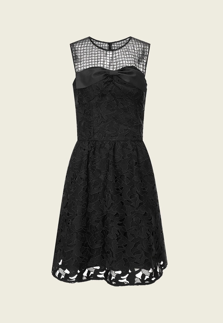 Black Lace Sleeveless Dress with Bow