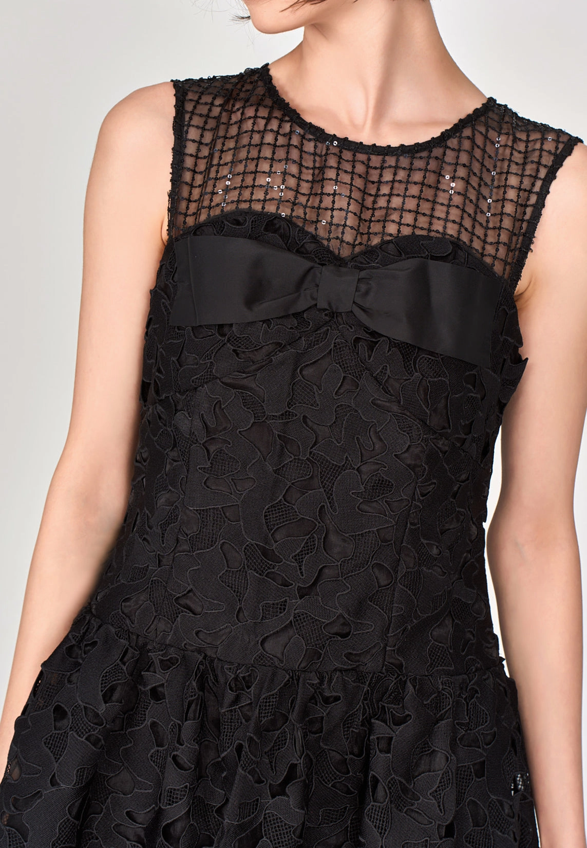 Black Lace Sleeveless Dress with Bow