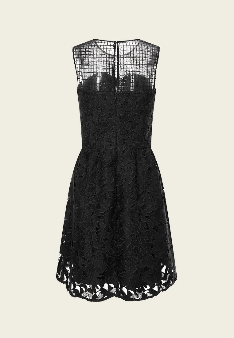 Black Lace Sleeveless Dress with Bow