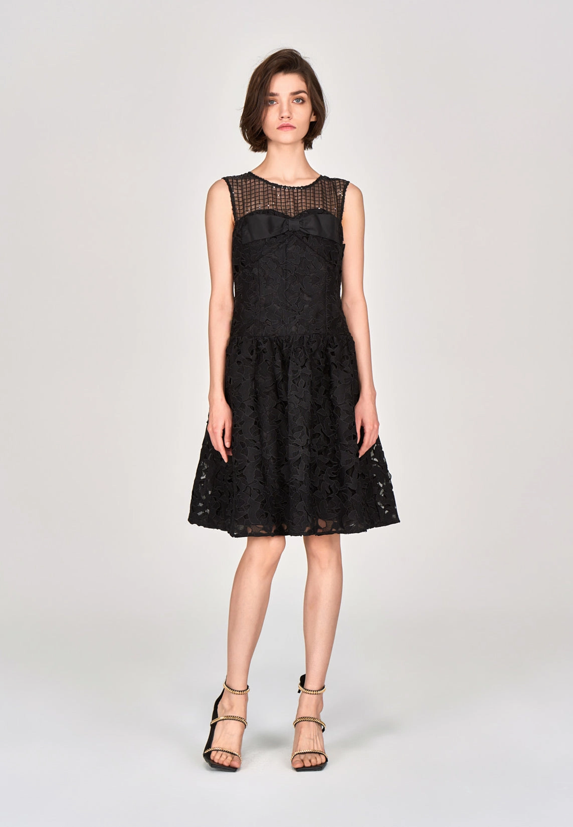 Black Lace Sleeveless Dress with Bow