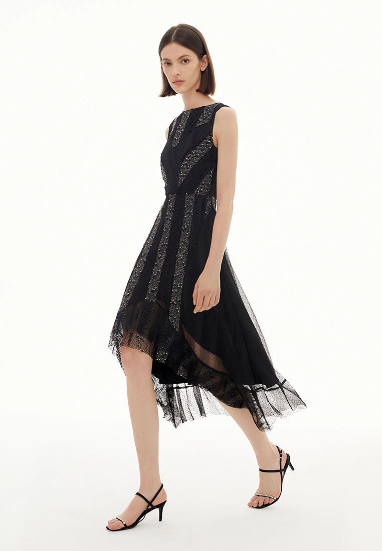 Black Sequins Stripe Detail Lace Sleeveless Cocktail Dress