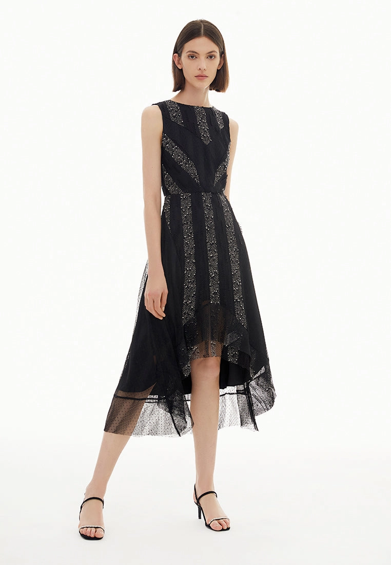 Black Sequins Stripe Detail Lace Sleeveless Cocktail Dress