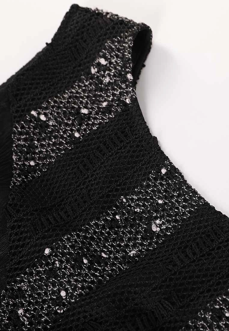 Black Sequins Stripe Detail Lace Sleeveless Cocktail Dress