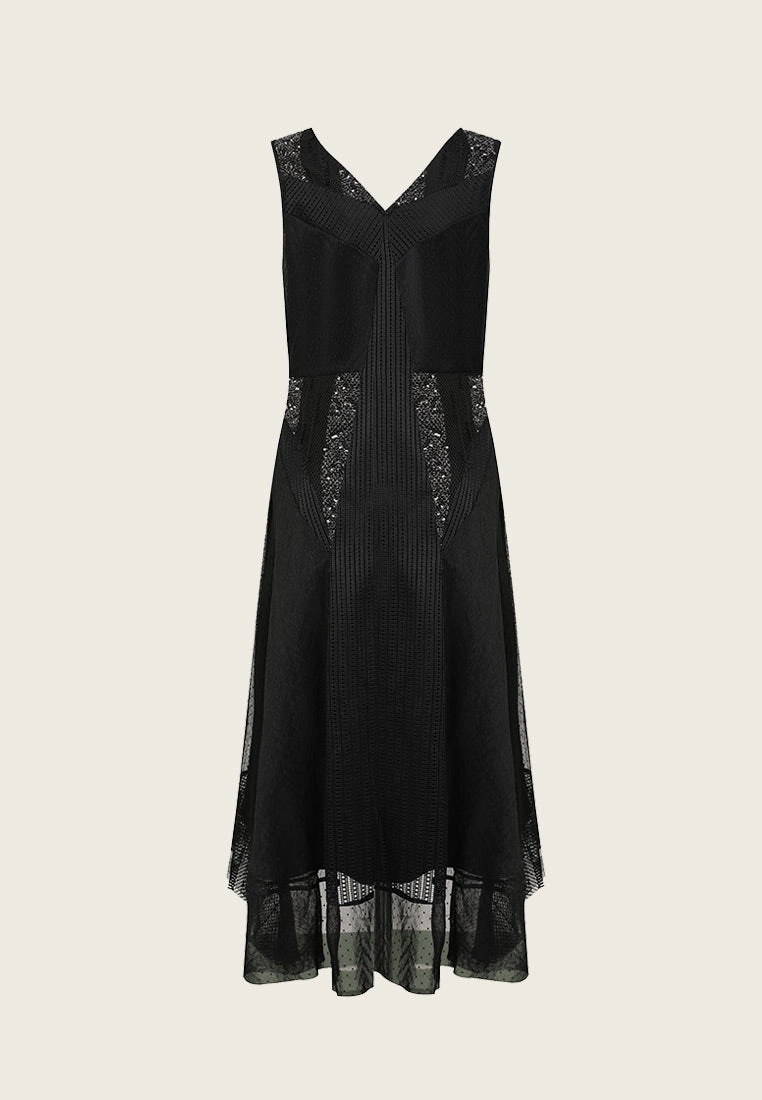 Black Sequins Stripe Detail Lace Sleeveless Cocktail Dress