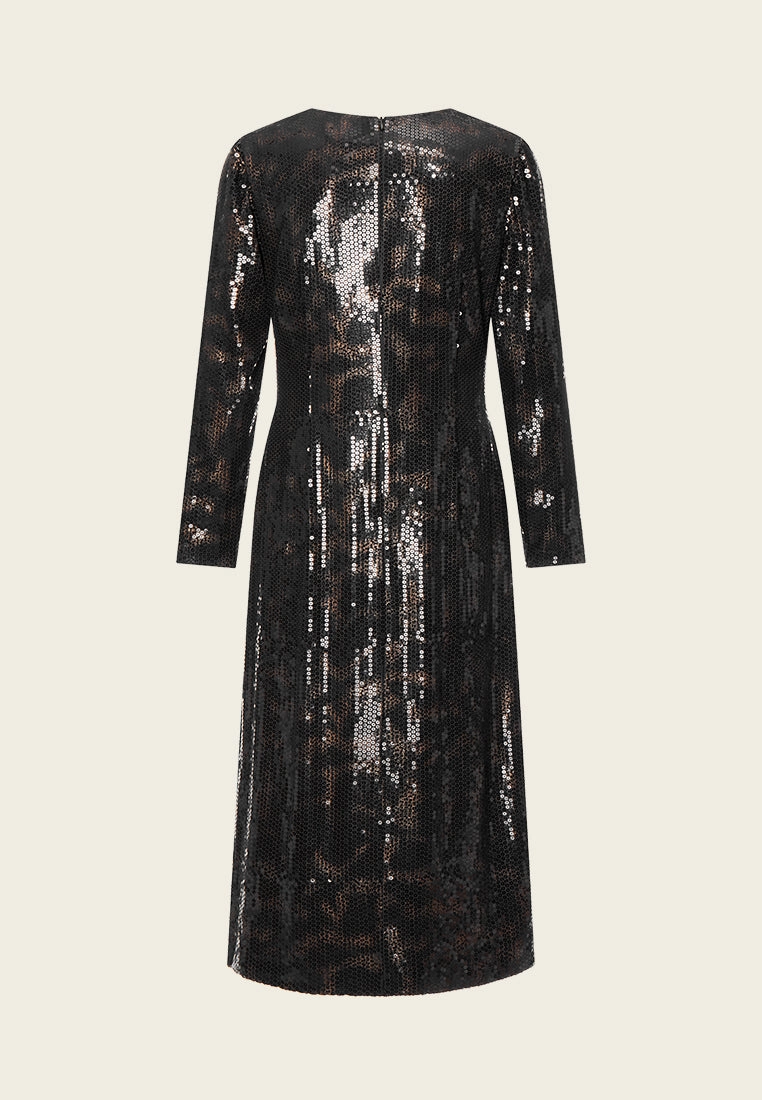 Black V-neck Sequin Long-sleeved Dress