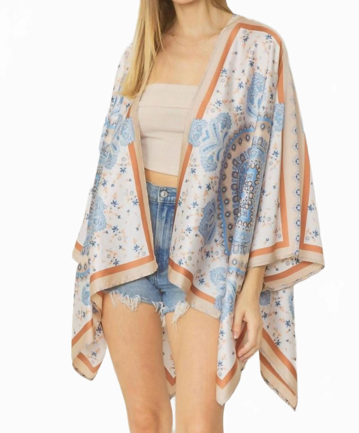 Boho Chic Satin Pant And Kimono Two-Piece Set In Blue