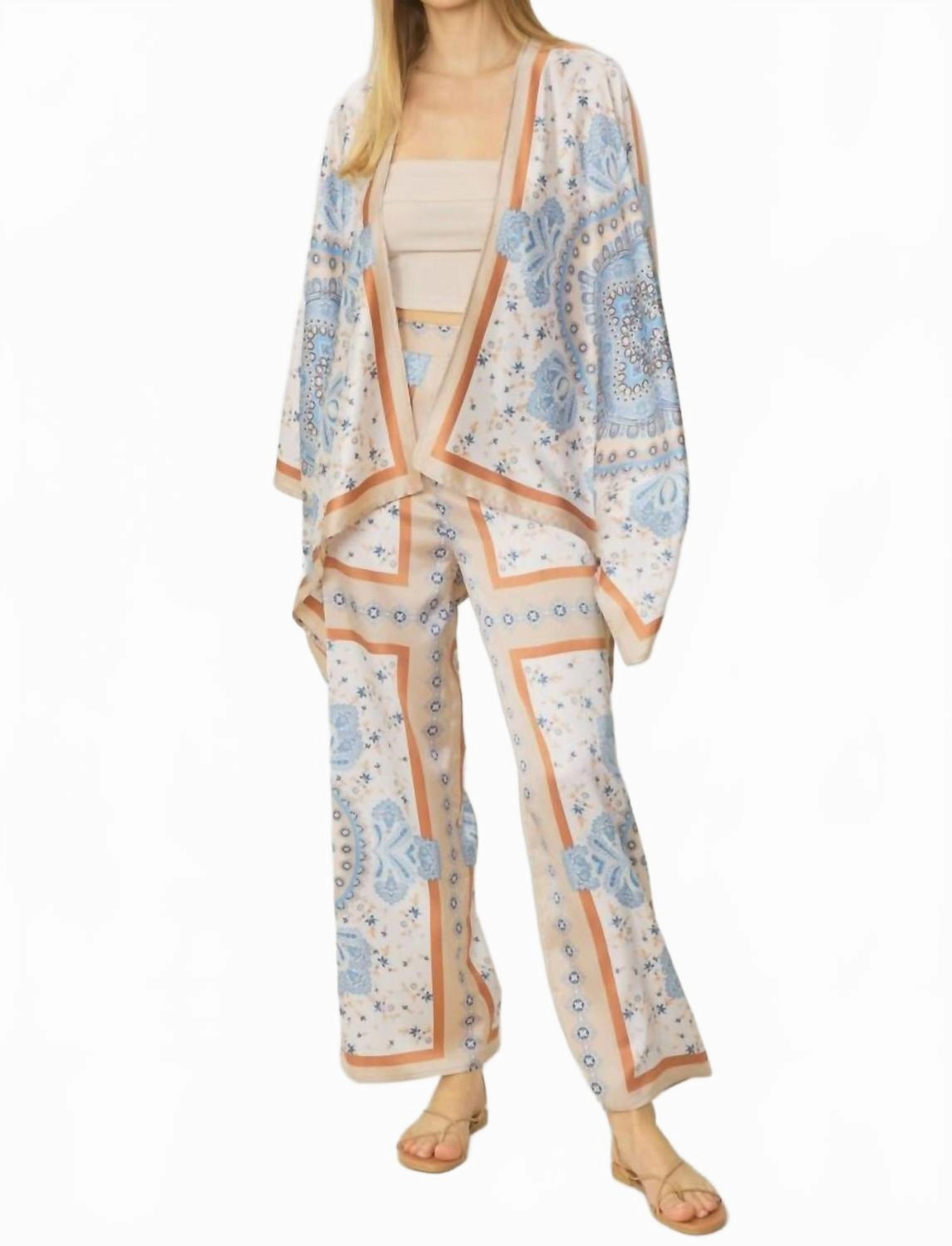 Boho Chic Satin Pant And Kimono Two-Piece Set In Blue