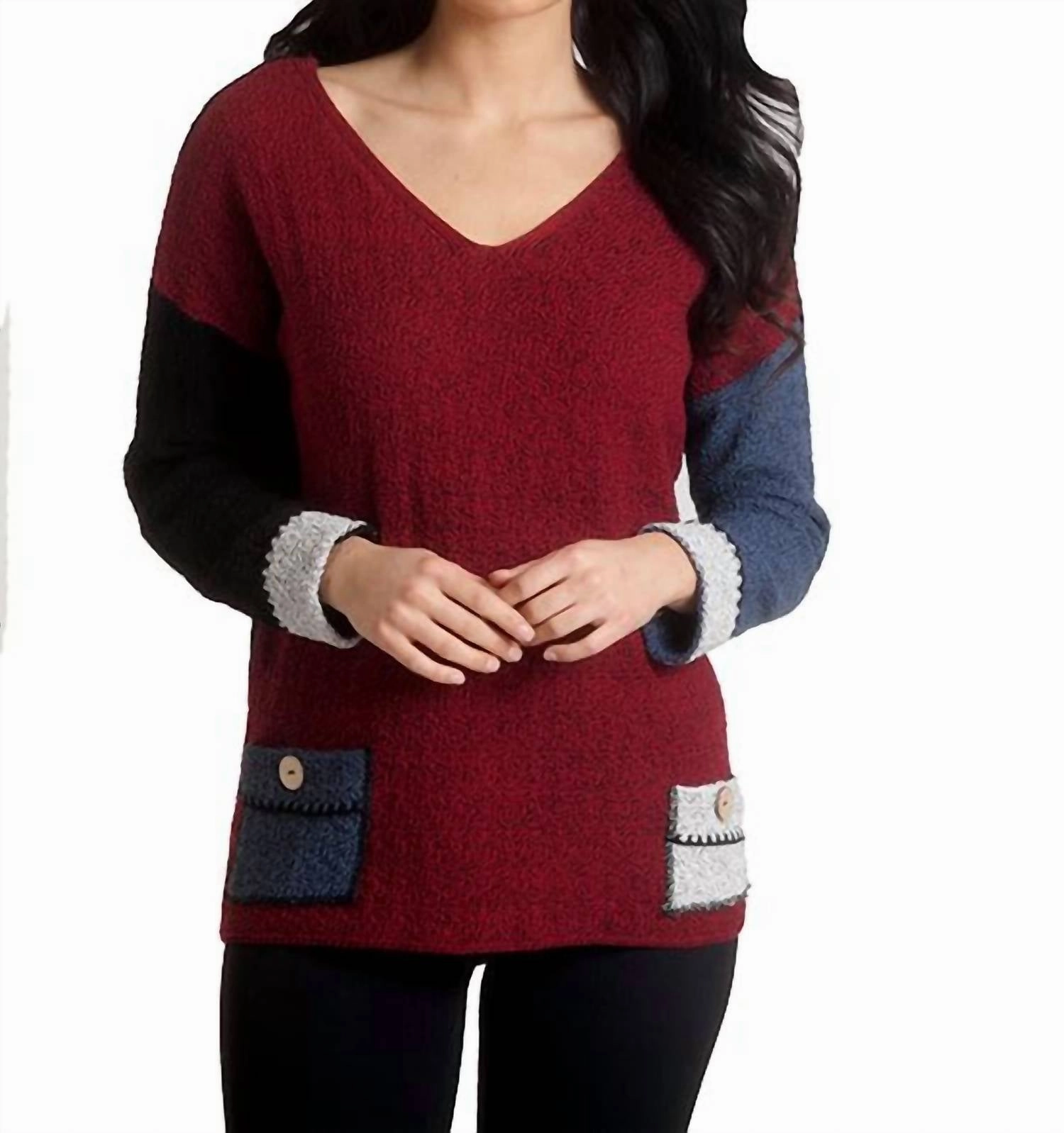 Boucle Reversible V-Neck Top In Winecombo