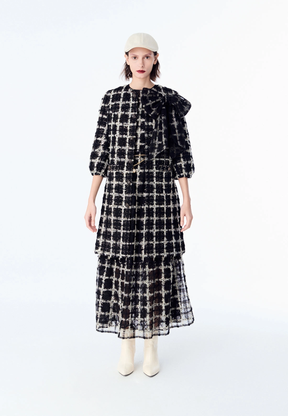 Bow Lurex Tweed & Mesh Coat Dress