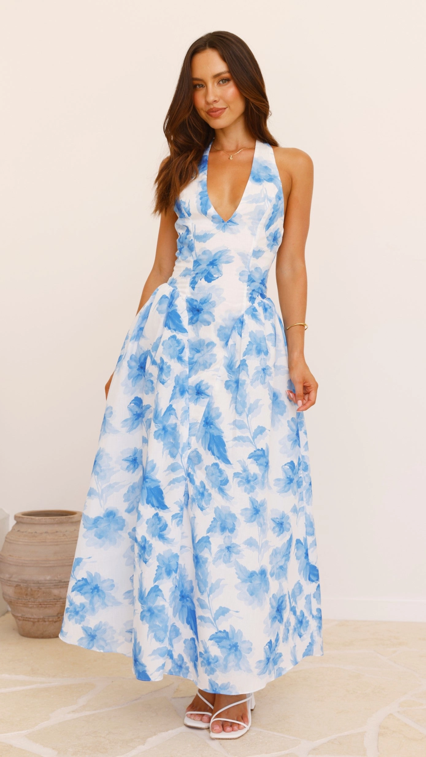 Bryony Halter Neck Maxi Dress - Blue Floral