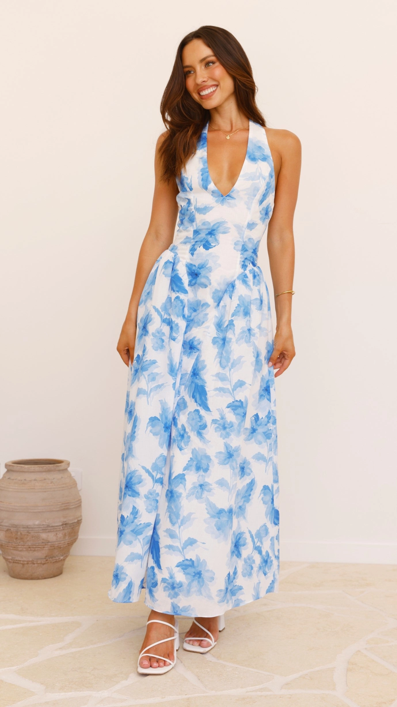 Bryony Halter Neck Maxi Dress - Blue Floral